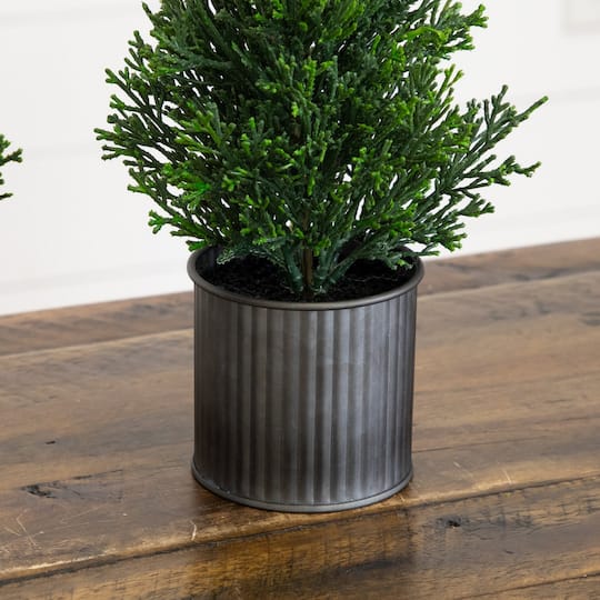 Nearly Natural 12" Unlit Artificial Mini Christmas Cedar Pine Tree in Metal Tin Planters, 2ct.